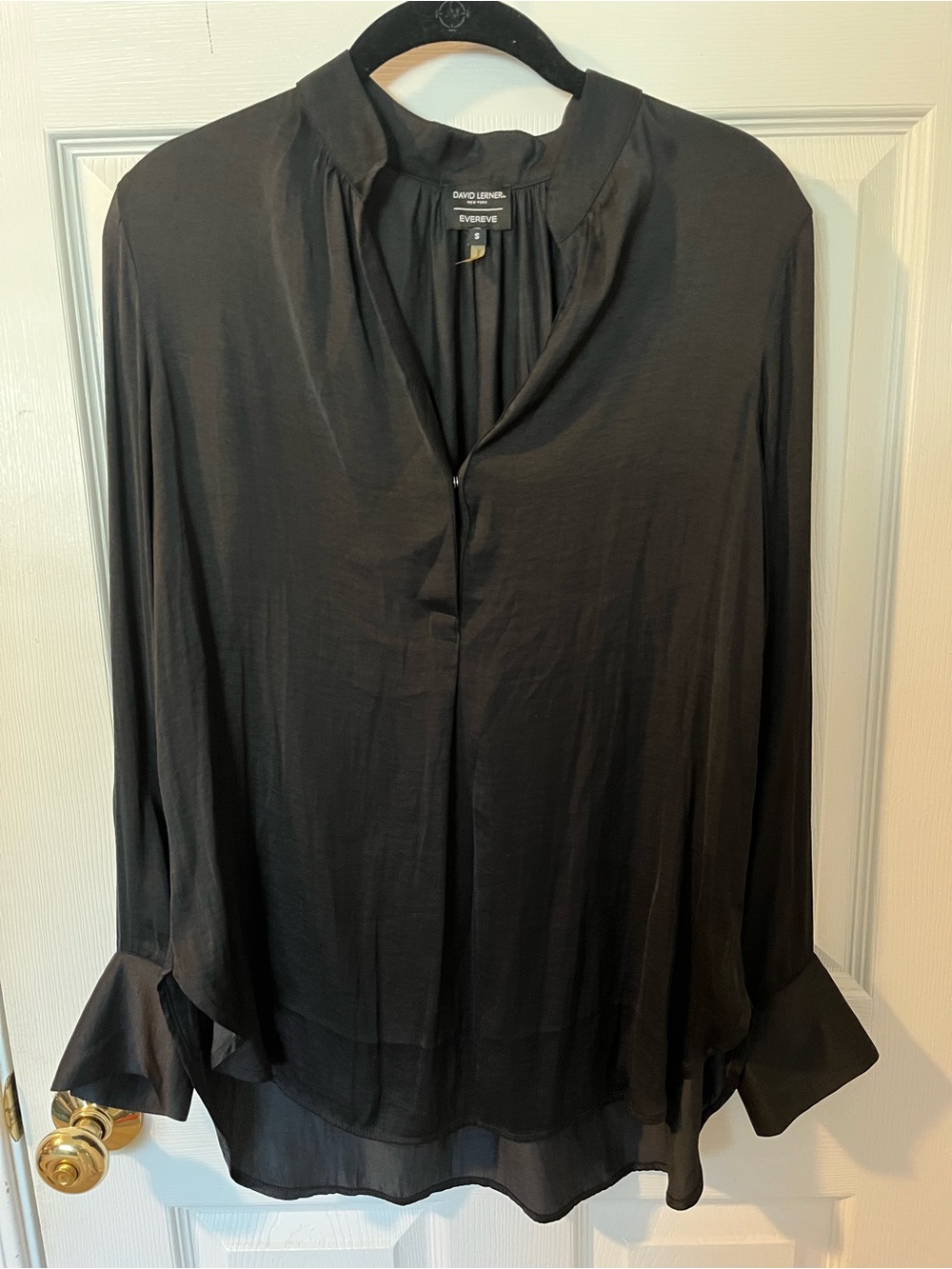 David Lerner Black Silky Long-Sleeve V-Neck Blouse